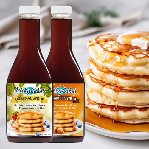 original and caramel syrup with pancakes