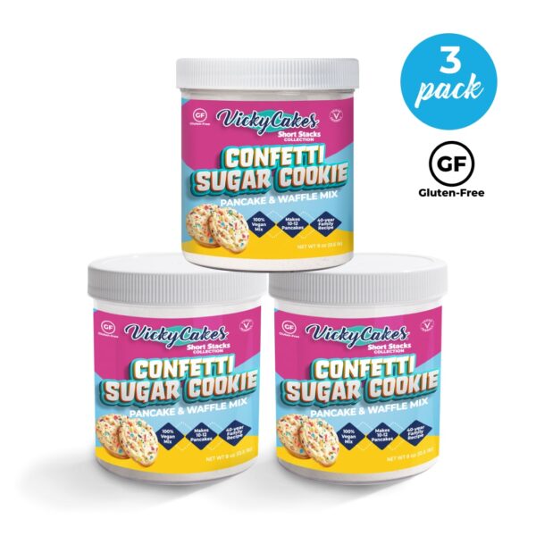 3 containers of gluten-free confetti sugar cookie pancake mix