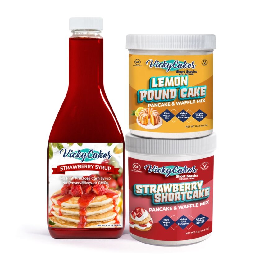 strawberry syrup bottle, lemon pound cake pancake mix container, and strawberry shortcake pancake mix container