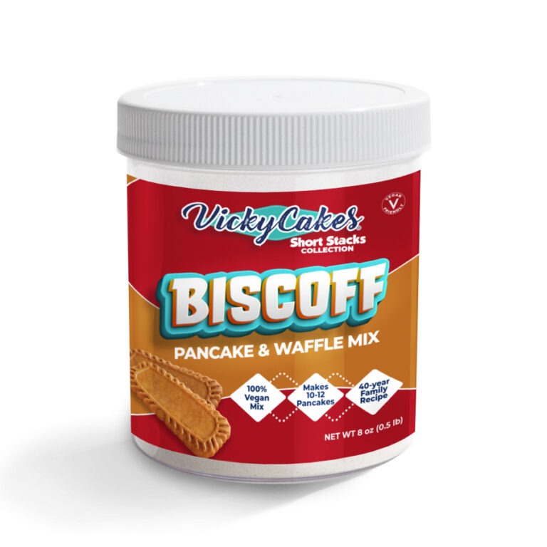 container of biscoff pancake mix on a white background