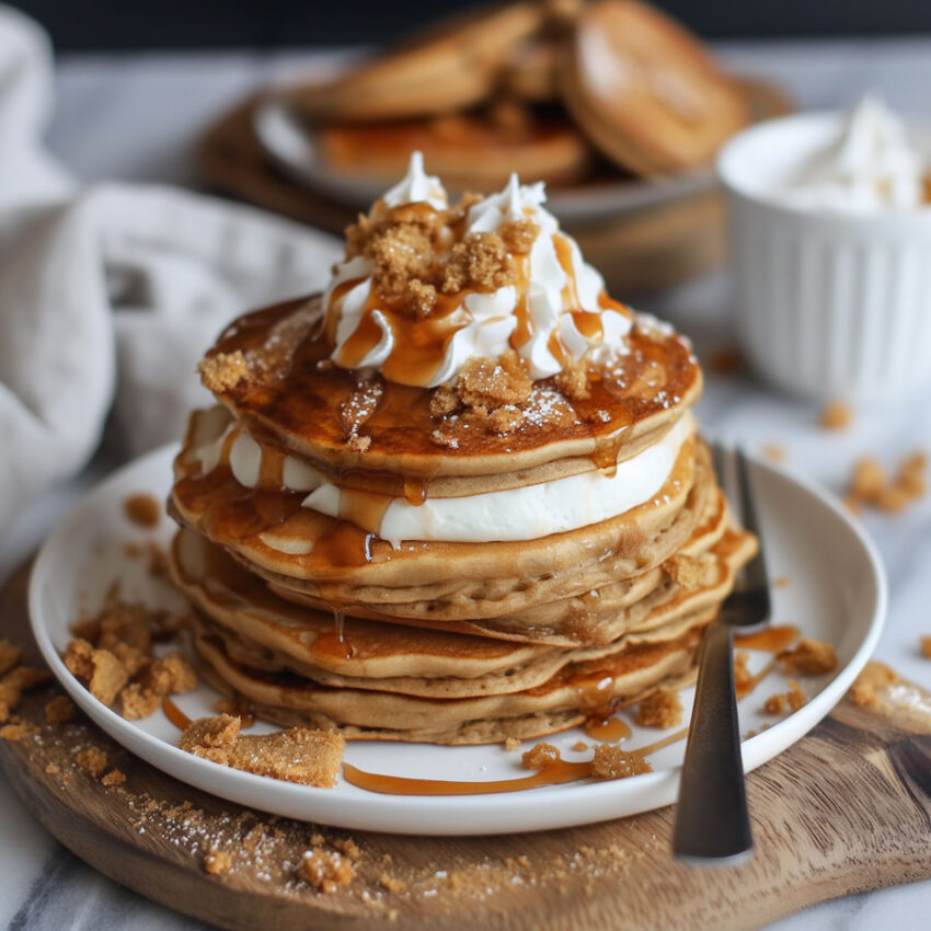 stack of biscoff pancakes with whipped cream and syrup dripping down